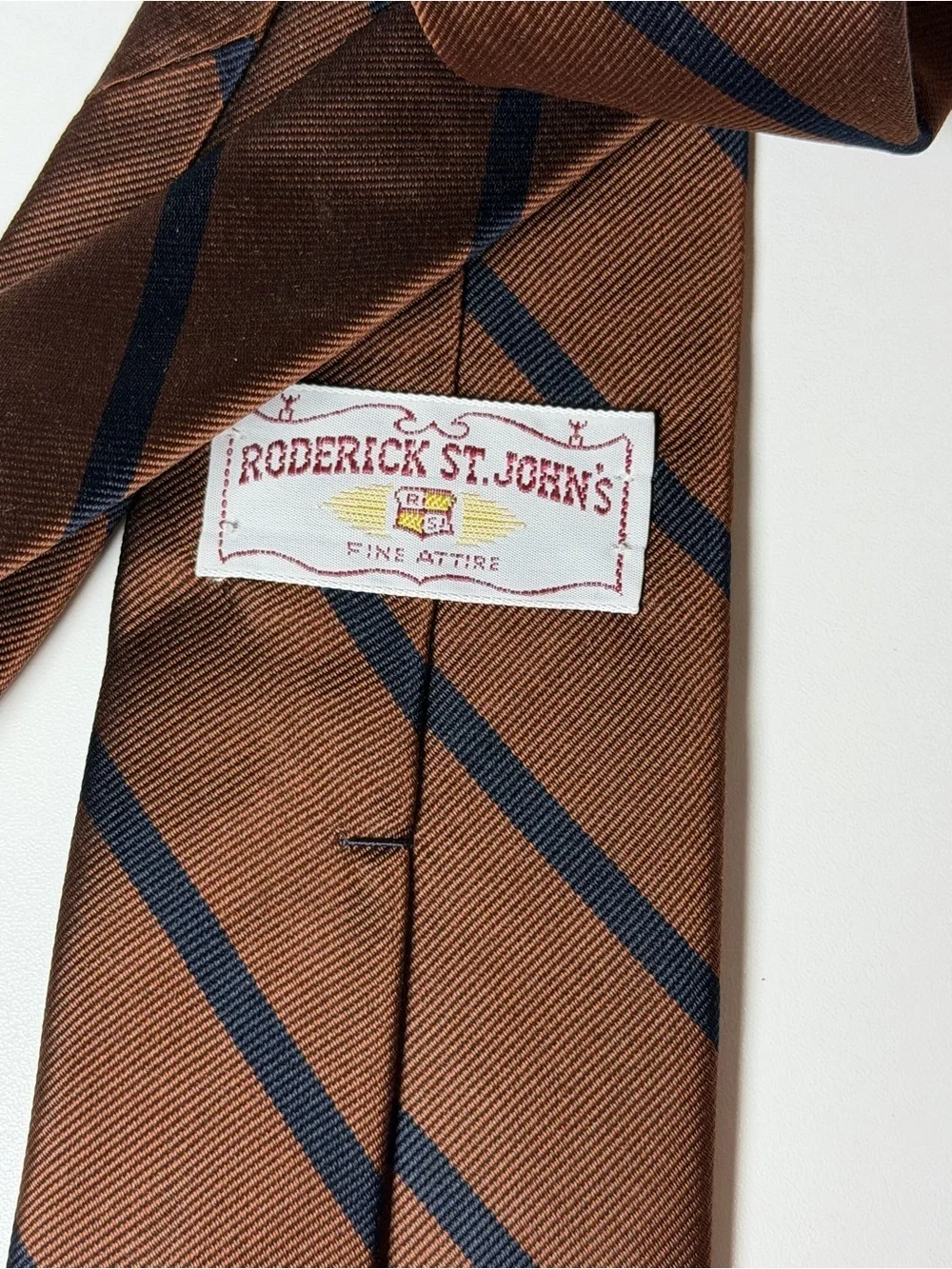 Roderick St. John’s USA Repp Tie Trad Ivy Brown Stripe with Navy Accents Classic